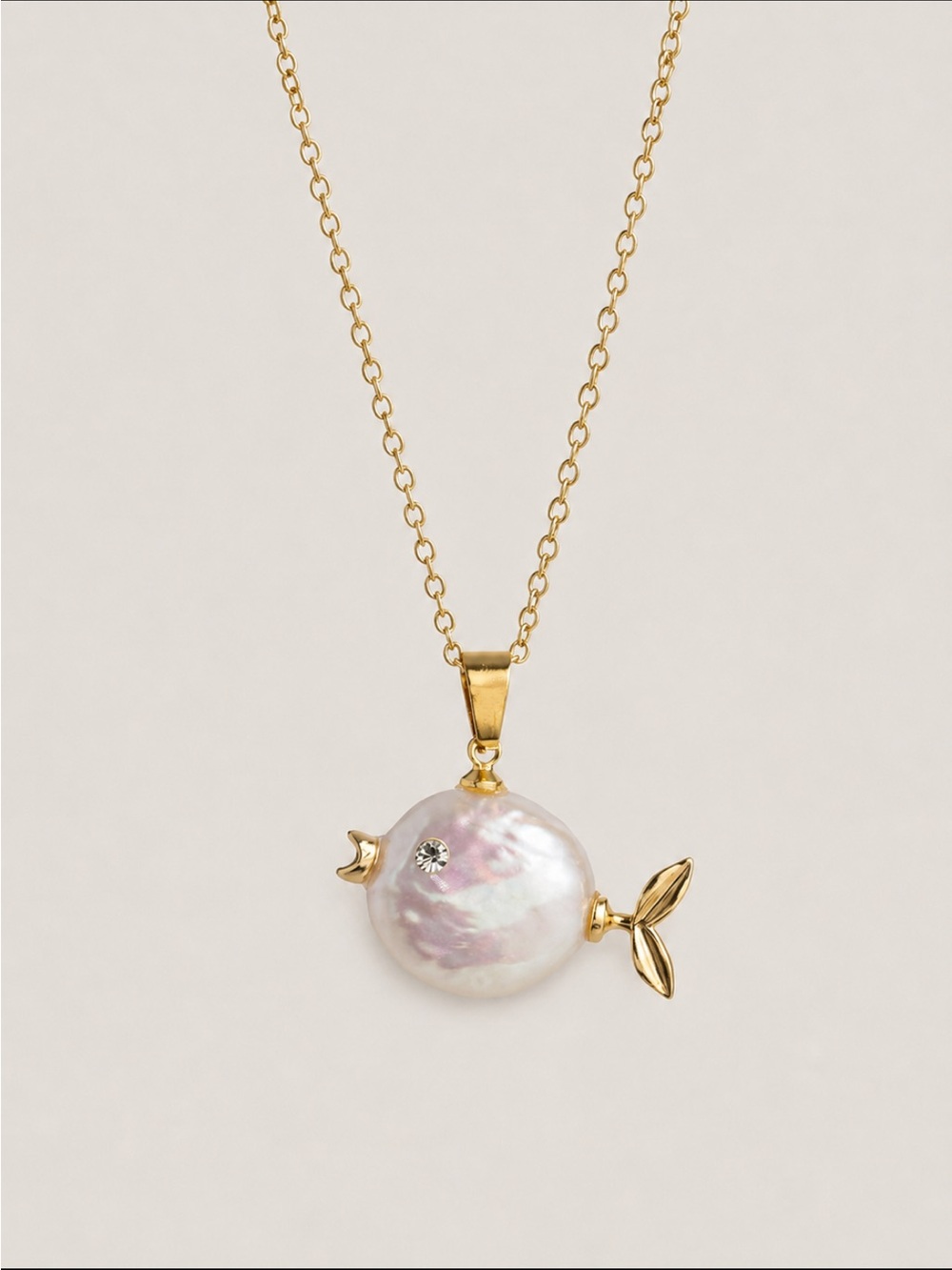 New! 18K Gold Plated Pearl Bead Fish Pendant Necklace NWOT